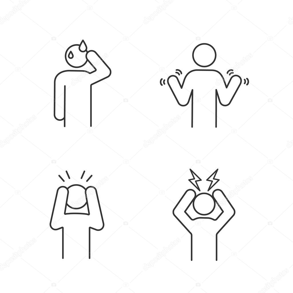 Emotional stress linear icons set. Cold sweat, hands tremor, nervous tension, headache. Thin line contour symbols. Isolated vector outline illustrations. Editable stroke