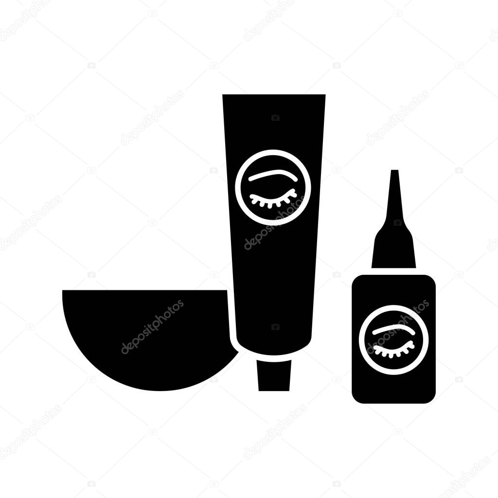 Eyebrows and eyelash dye kit glyph icon. Bowl, tint and oxidant activator. Brows tinting. Eyebrows makeup products. Silhouette symbol. Negative space. Vector isolated illustration