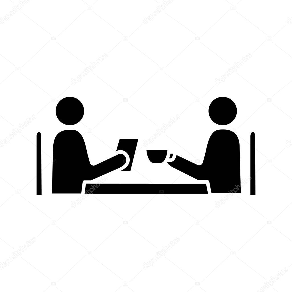 Business lunch glyph icon. Coffee interview. Colleagues, friends, partners, customers meeting. Coffee or dinner break. Business dinner. Silhouette symbol. Negative space. Vector isolated illustration