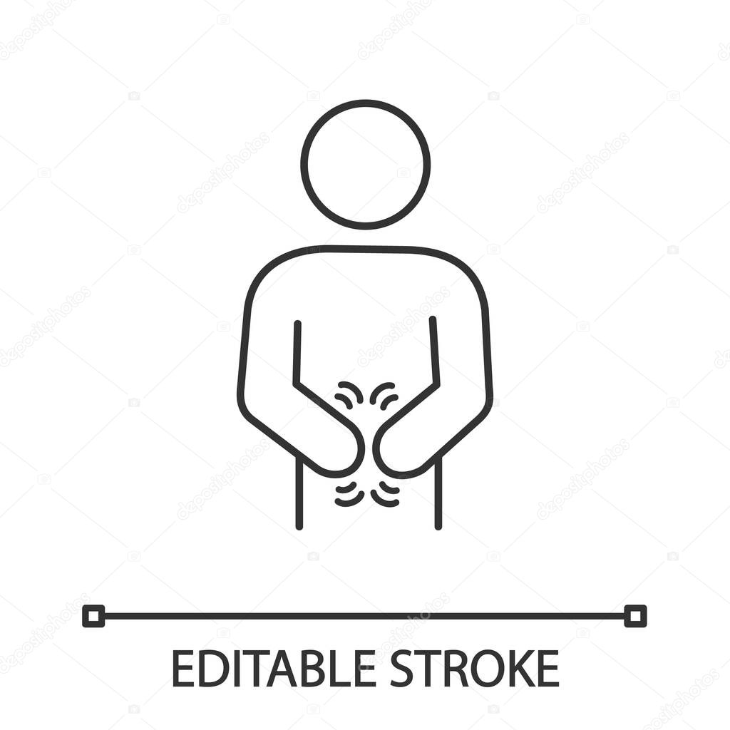 Indigestion linear icon. Upset stomach. Stomachache. Thin line illustration. Digestive disorder. Irritable bowel. Diarrhea, bloating, nausea, pain. Vector isolated outline drawing. Editable stroke
