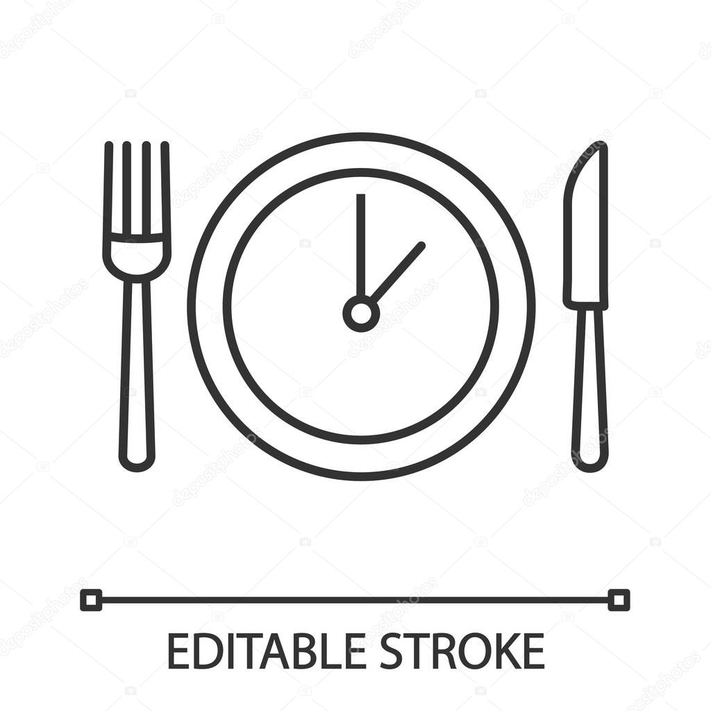 Lunch time linear icon. Dinner break. Thin line illustration. Afternoon business meeting. Business lunch. Table knife, fork and plate with clock. Vector isolated outline drawing. Editable stroke