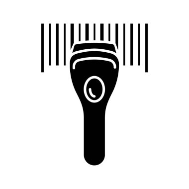 Barkod tarama glif simgesi. Doğrusal Barkod taşınabilir tarayıcı. Bir boyutlu kodu kimliği. Mağaza, alışveriş, süpermarket. Barkod okuyucu. Siluet simge. İzole vektör çizim