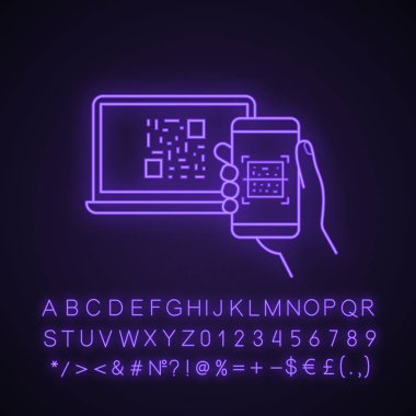 Akıllı telefon app neon ışığı simgesi tarama Qr kodu. Cep telefonu dizüstü bilgisayarda görüntülenen Pc. matris kod üzerinde barkod okuma. Alfabe, sayılar parlayan işaretiyle. İzole vektör çizim