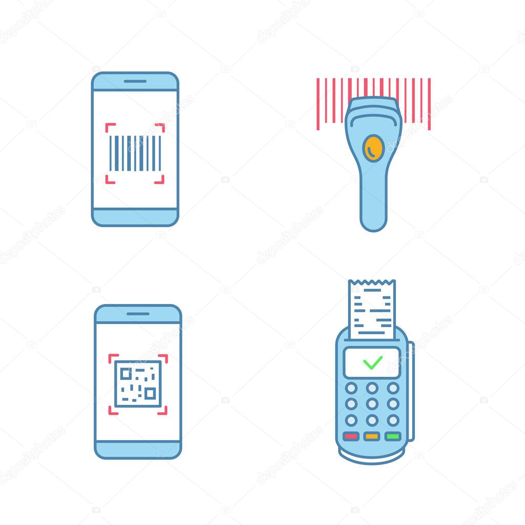Barcodes color icons set. Smartphone barcode scanner, linear code reader, scanning app, payment terminal receipt. Isolated vector illustrations