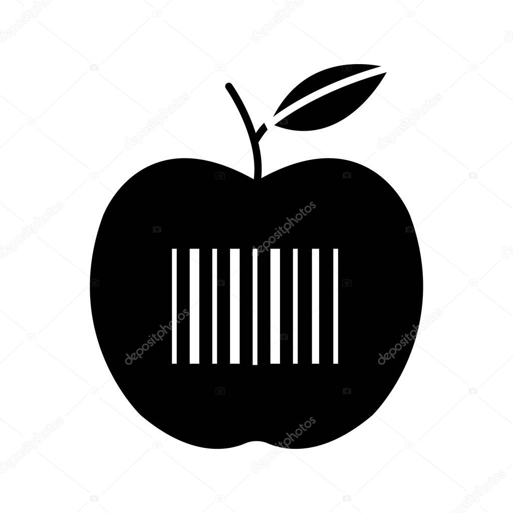 Product barcode glyph icon. Apple with linear bar code. Retail, merchandise. Grocery store. Barcodes identification. Silhouette symbol. Negative space. Vector isolated illustration