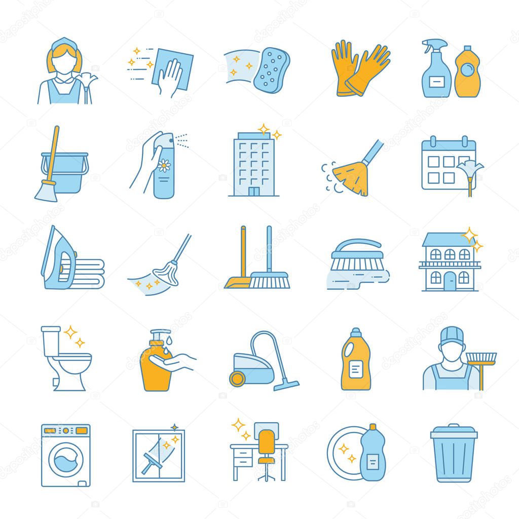 Cleaning service color icons set. Cleaning products. Napkins, sponge, broom, mop, chemicals, detergents. Window, tile, floor, bathroom, kitchen cleaner. Housekeeping. Isolated vector illustrations