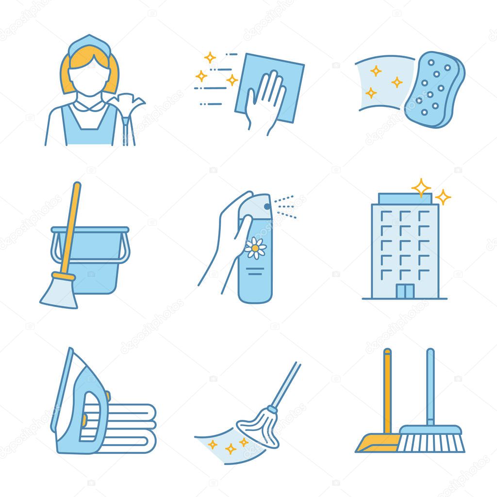 Cleaning service color icons set. Maid, napkin, sponge, broom and bucket, air freshener, ironing, offices cleaning, scoop, brush, mop. Isolated vector illustrations