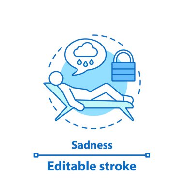 Üzüntü kavramı simge. Depresyon fikir ince hat illüstrasyon. Burnout. Mutsuz insan. İzole anahat çizim vektör. Düzenlenebilir kontur