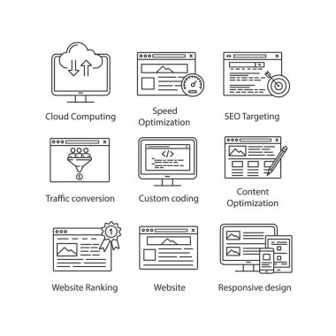 SEO doğrusal Icons set. Bulut bilgi işlem, hızı optimizasyonu, hedefleme, trafik, dönüşüm, özel kodlama, copywriting, sıralaması, Web sitesi. Kontur izole vektör anahat çizimler. Düzenlenebilir kontur
