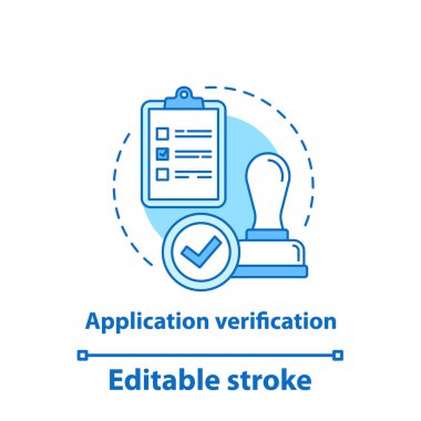 Uygulama doğrulama kavramı simgesi. Onay damgası fikir ince hat illüstrasyon. Sertifikalı, onayladı. İzole anahat çizim vektör. Düzenlenebilir kontur