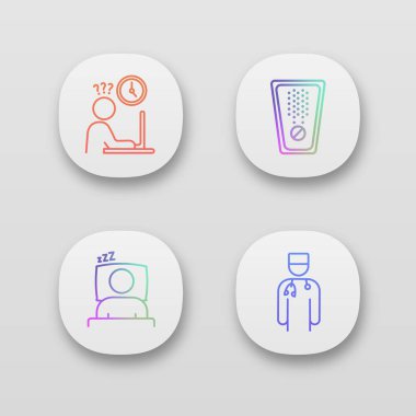 Duygusal stres app simgeleri ayarlayın. UI/Ux Kullanıcı arabirimi. İş rush, efervesan hap, uyku, Doktor. Web ya da mobil uygulamalar. İzole vektör çizimler