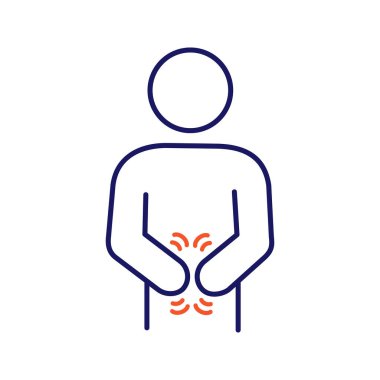 Hazımsızlık renk simgesi. Mide. Mide ağrısı. Sindirim bozukluğu. İrritabl barsak. Fizyolojik stres belirtileri. İshal, şişkinlik, bulantı, karın ağrısı. İzole vektör çizim