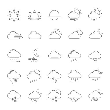Hava tahmini doğrusal Icons set. Kar, yağmur, karla karışık yağmur. Duş veya çiseleyen yağmur, fırtına. Güneşli, bulutlu, sisli ve rüzgarlı hava. Kontur sembolleri. İzole vektör anahat çizimler. Düzenlenebilir kontur