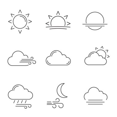 Hava tahmini doğrusal Icons set. Güneş, gündoğumu günbatımı, Rüzgar, bulut, kısmen bulutlu hava, yağmur yağıyor, rüzgarlı gece, sis. Kontur sembolleri. İzole vektör anahat çizimler. Düzenlenebilir kontur