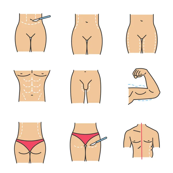 Plastic surgery color icons set. Tummy tuck, waist, thigh, buttock correction surgery, penis enlargement, coolsculpting, arm lifting. Isolated vector illustrations
