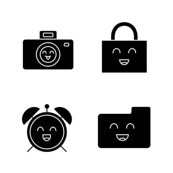 Lächelnde Gegenstände Glyphen Symbole Gesetzt Charaktere Glückliche Kamera Vorhängeschloss Wecker — Stockvektor