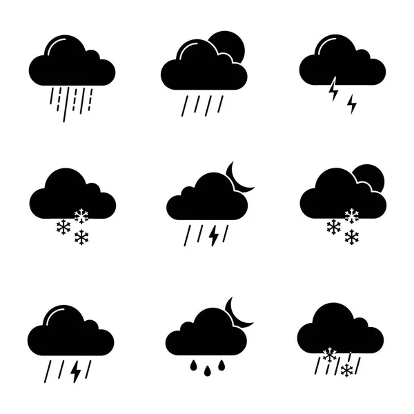 Väderprognos Glyph Ikoner Set Åskväder Duggregn Regn Snöblandat Regn Regn — Stock vektor