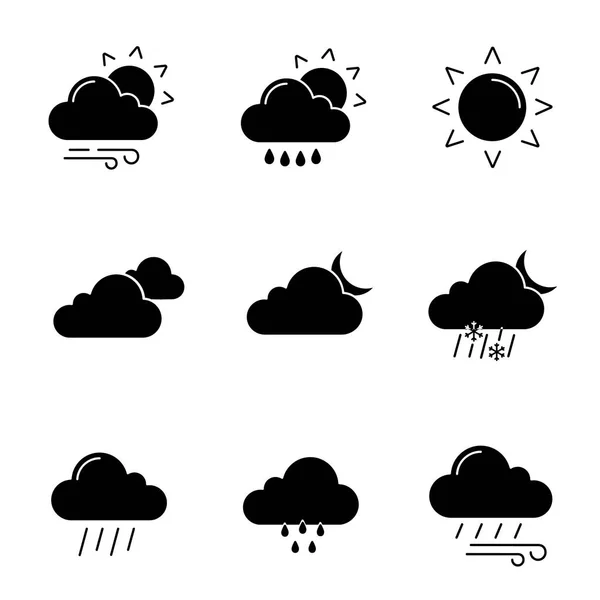 Previsioni Meteo Set Icone Glifo Tempo Parzialmente Nuvoloso Ventoso Pioggia — Vettoriale Stock