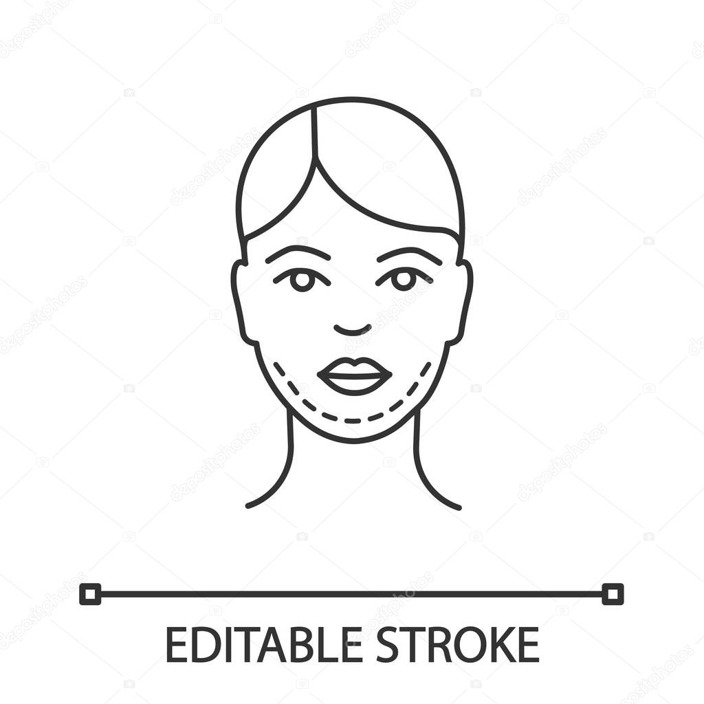Double chin surgery linear icon. Thin line illustration. Plastic surgery. Double chin removal. Genioplasty. Facelift surgical procedure. Contour vector isolated outline drawing. Editable stroke