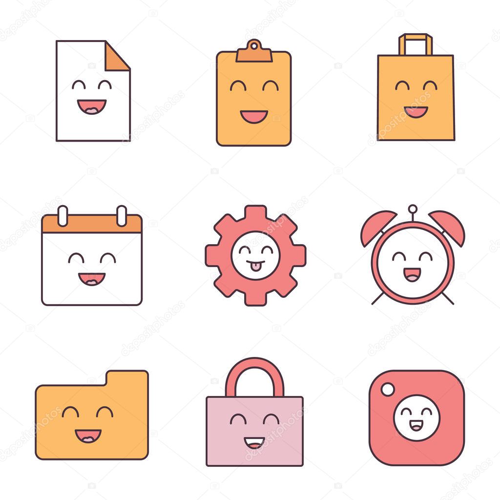 Smiling items color icons set. Happy file, clipboard, shopping bag, calendar, cogwheel, alarm clock, folder, padlock, camera. Isolated vector illustrations