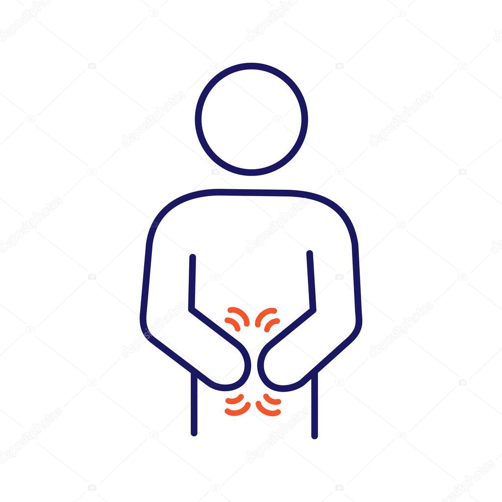 Indigestion color icon. Upset stomach. Stomachache. Digestive disorder. Irritable bowel. Physiological stress symptoms. Diarrhea, bloating, nausea, abdominal pain. Isolated vector illustration