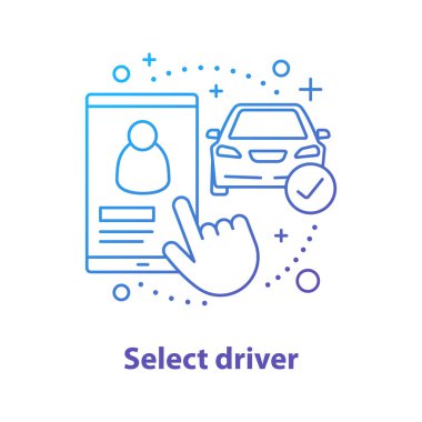 Kavram simgesini seçerek sürücüleri. Sipariş taksi. Bu carpooling fikir ince hat illüstrasyon. Çizim vektör izole anahat