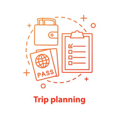 Gezi kavramı kutsal kişilerin resmi üstünde olacak. Planlama fikir ince hat illüstrasyon seyahat. Para, pasaport, gerekli şeyleri listesi. Çizim vektör izole anahat