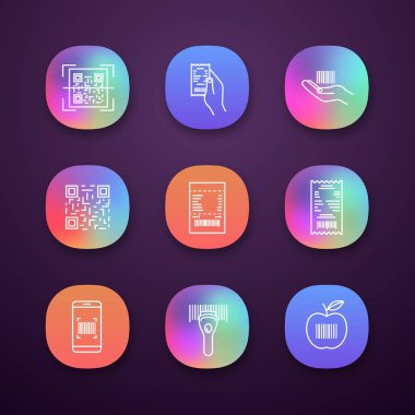 Barkod app simgeleri ayarlayın. Onay, ürün barkod kağıt QR ve doğrusal kodlar elinde, app, cihaz, nakit tahsilat, barkod tarama. UI/Ux Kullanıcı arabirimi. Uygulamaları. İzole vektör çizimler