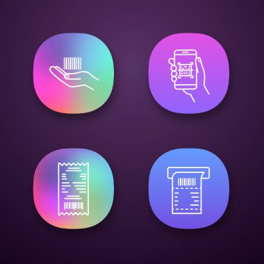 Barkod app simgeleri ayarlayın. UI/Ux Kullanıcı arabirimi. Doğrusal Barkod el tarama app, nakit tahsilat, Atm kağıt onay Qr kodları. Web ya da mobil uygulamalar. İzole vektör çizimler