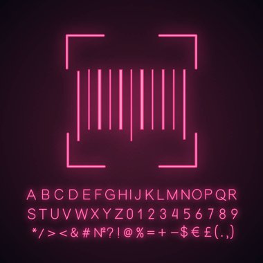 Geleneksel barkod neon ışığı simgesi. Doğrusal kodu tarama. Bir boyutlu barkod tarayıcı. UPC kodu. Alfabe, sayı ve sembol parlayan işaretiyle. İzole vektör çizim