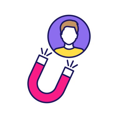 Müşteri atraksiyonlar strateji renk simgesi. Müşteri tutma. Reklam kampanyası. Pazarlama. Artan katılım, katılımı, üyelik. Mıknatıs çeken ziyaretçi. İzole vektör çizim