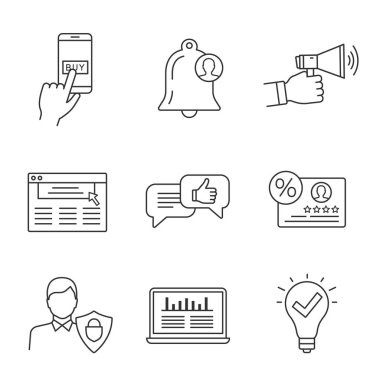 Müşteri tutma ve sadakat doğrusal Icons set. Tıklayın, reklam, Web sitesi, geri bildirim, sadakat, trafik, onaylanmış fikir, başına ödeme Kullanıcı koruması. İzole vektör anahat çizimler. Düzenlenebilir kontur