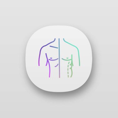 Erkek coolsculpting app simgesi. UI/Ux Kullanıcı arabirimi. Düzeltme çevrelemektedir. Erkek liposuction ve vücut şekillendirme önce ve sonra. Plastik cerrahi. Web ya da mobil uygulama. İzole vektör çizim