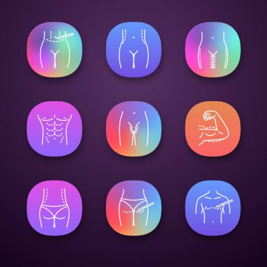 Plastic surgery app icons set. Tummy tuck, waist, thigh, buttock correction surgery, penis enlargement, coolsculpting, gynecomastia. UI/UX user interface. Applications. Vector isolated illustrations