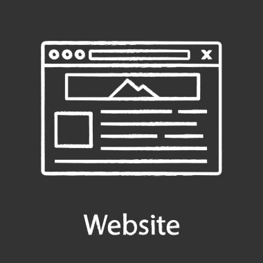Web sitesi tebeşir simge. Web sayfası. Web tarayıcı arayüzü. Internet Pazarlama. Sosyal medya, internet salonu Web sayfası şablonu. Web sitesi tasarım hizmetleri. İzole vektör kara tahta çizim