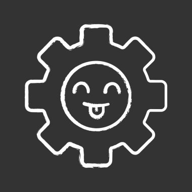 Gülümseyen karikatür tebeşir simgesi. Mutlu dişli. İlerleme süreci. Mutlu yenilik. Emoji, ifade. İzole vektör kara tahta çizim