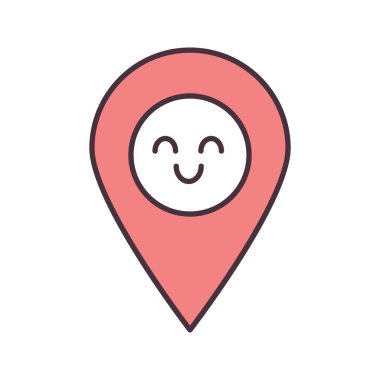 Harita PIN karakter renk simgesi gülümseyerek. Kolay Gps navigasyon. Mutlu harita iğne ucu, işareti. Emoji, ifade. İzole vektör çizim