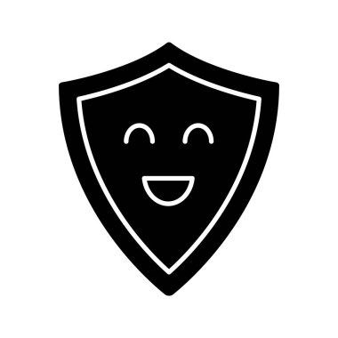 Gülümseyen kalkan glif simgesi. Güvenilir koruma, güvenlik. Kolay emanet. Savunma. Mutlu kalkan. Emoji, ifade. Siluet simge. Negatif alan. İzole vektör çizim