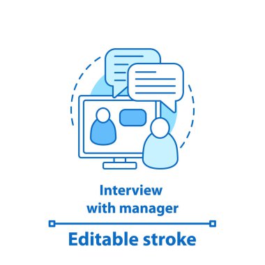 Online iş mülakat kavramı simge. Yöneticisi fikir ince hat illüstrasyon ile röportaj. Çevrimiçi iletişim, sohbet. Müşteri desteği. İzole anahat çizim vektör. Düzenlenebilir kontur