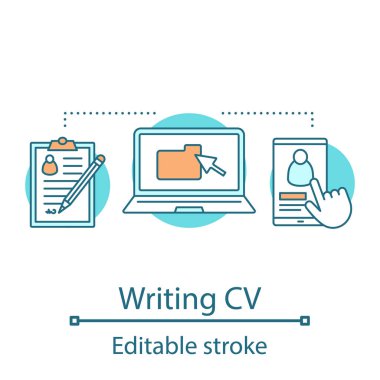 Yazma Cv kavramı simge. İş fikir ince hat illüstrasyon arıyor. İş başvurusu ve yeniden başlamak gönderme. Kayıt, kayıt. İzole anahat çizim vektör. Düzenlenebilir kontur