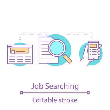 İş arama kavramı simge. İş fikir ince hat illüstrasyon bulma. Enterne dalga köpüğü. El tutarak smartphone, Büyüteç Camı, Web sitesi. İzole anahat çizim vektör. Düzenlenebilir kontur