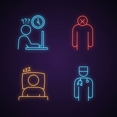 Duygusal stres neon ışık Icons set. İş rush, ilgisizlik, uyku, Doktor. Parlayan işaretler. İzole vektör çizimler