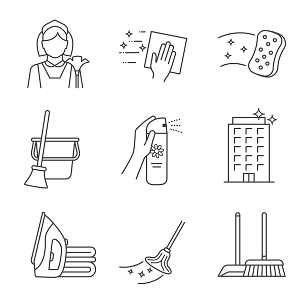 Cleaning Service Linear Icons Set Maid Napkin Sponge Broom Bucket — Stock Vector