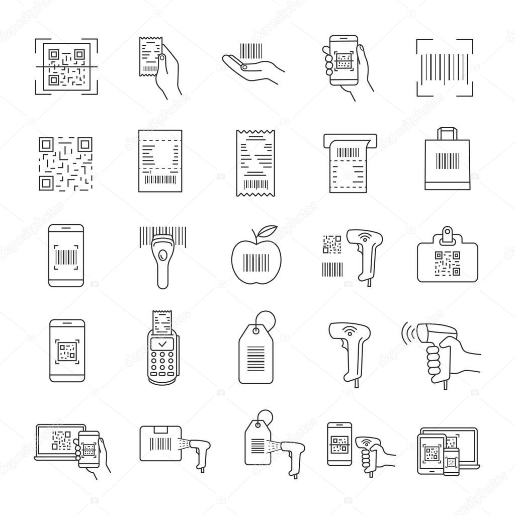 Barcodes linear icons set. Linear, matrix bar codes. Barcodes reading, scanning apps and devices. Using QR in retail, inventory control, delivery. Isolated vector outline illustrations. Editable stroke