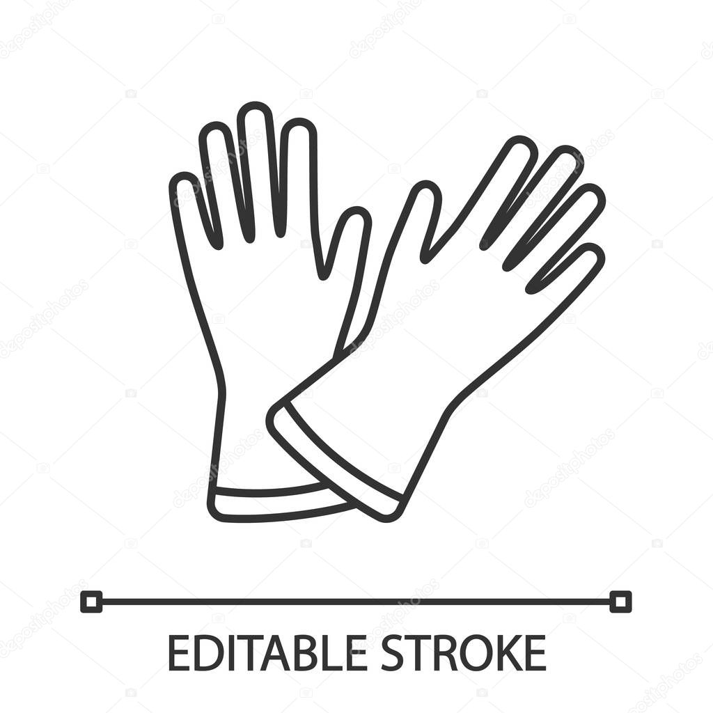 Household gloves linear icon. Thin line illustration. Medical latex gloves. Contour symbol. Vector isolated outline drawing. Editable stroke
