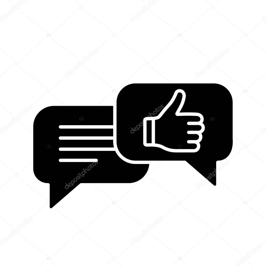 Positive customer feedback glyph icon. Excellent review. Chatting. Like. Online communication. Silhouette symbol. Negative space. Vector isolated illustration