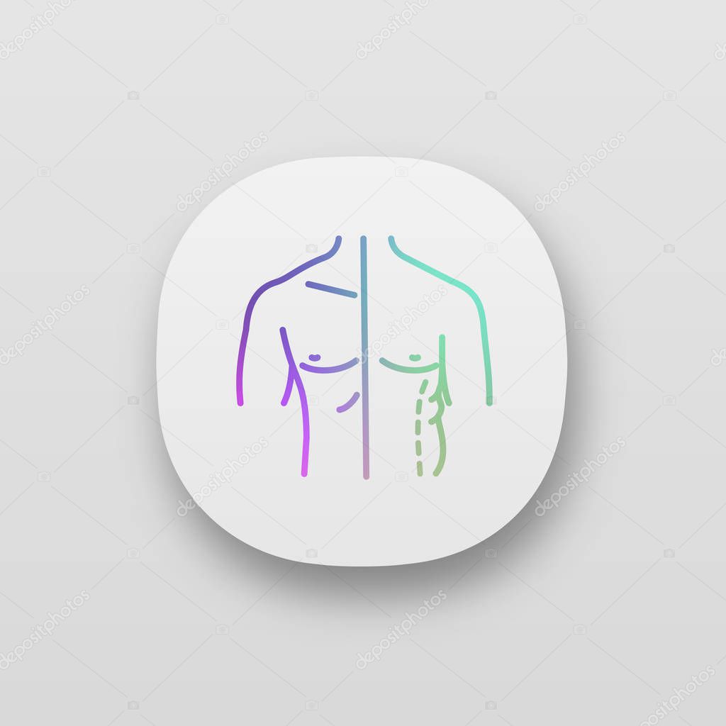 Male coolsculpting app icon. UI/UX user interface. Flanks correction. Male liposuction and body contouring before and after. Plastic surgery. Web or mobile application. Vector isolated illustration