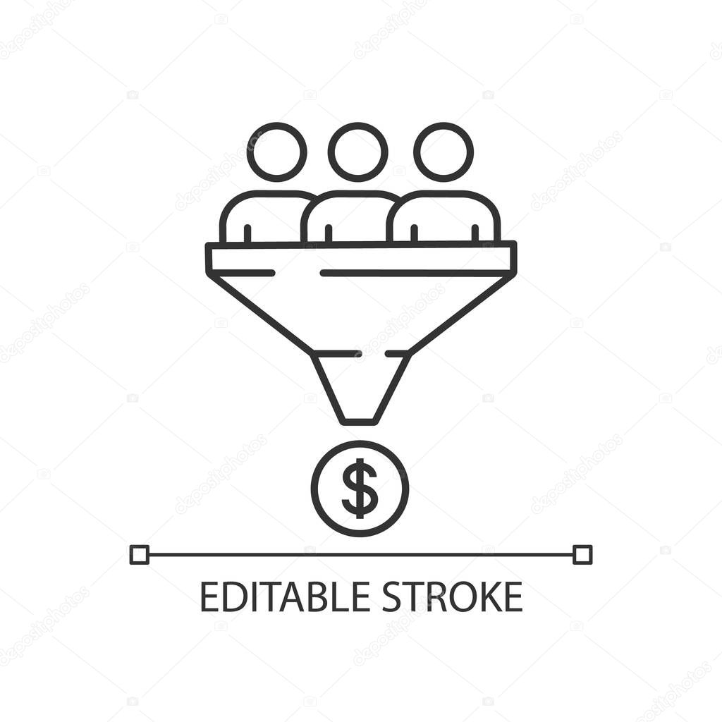 Traffic conversion linear icon. Sales funnel. Thin line illustration. Internet marketing strategy. Customer filter. Conversion rate. Lead generation. Contour symbol. Vector isolated outline drawing. Editable stroke