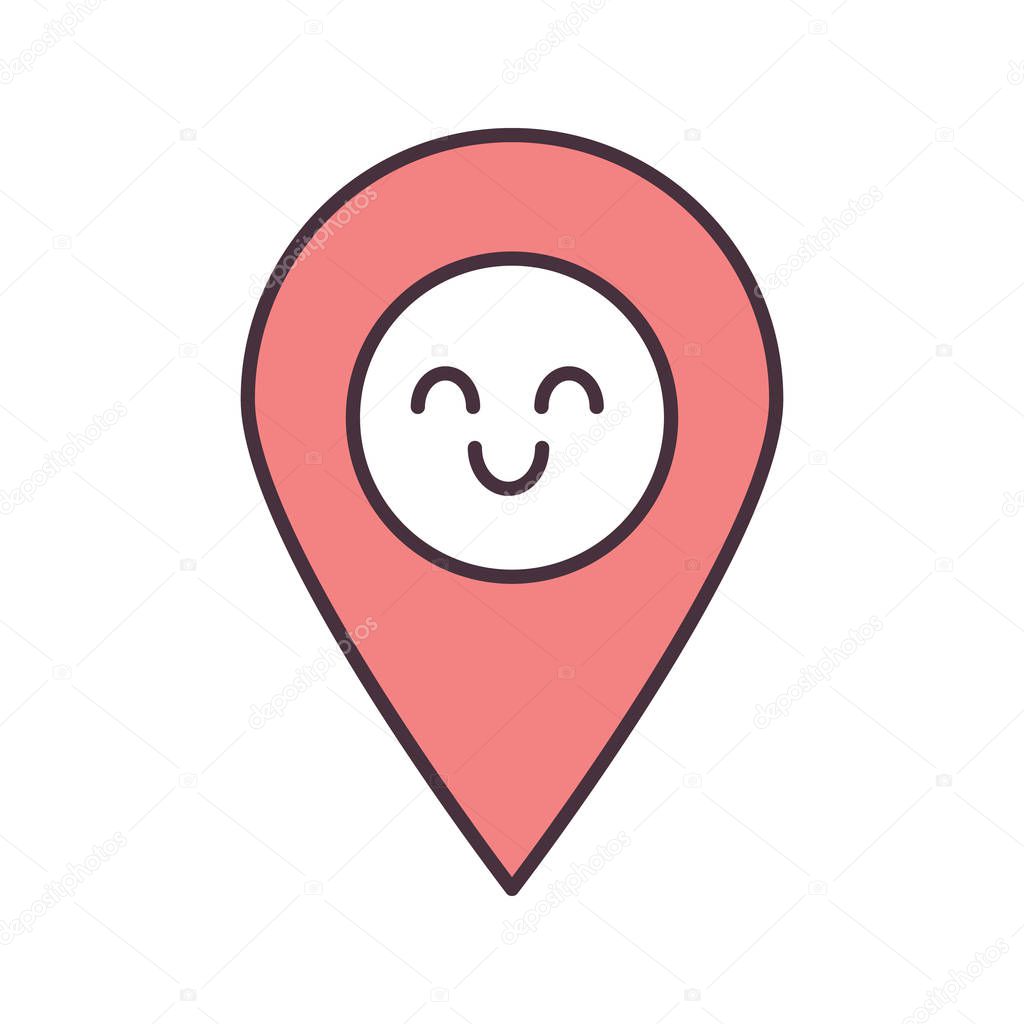 Smiling map pin character color icon. Easy GPS navigation. Happy map pinpoint, marker. Emoji, emoticon. Isolated vector illustration