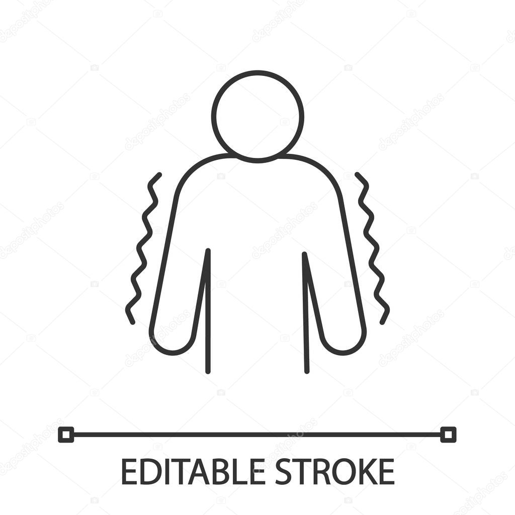 Trembling linear icon. Anxiety. Shaking body. Thin line illustration. Worrying and afraid person. Chills. Physiological stress symptom. Contour symbol. Vector isolated outline drawing. Editable stroke